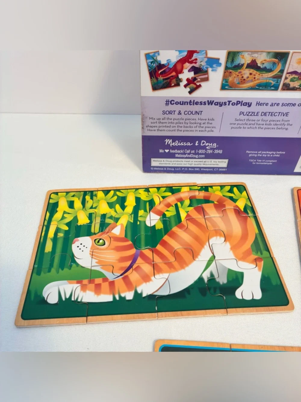 Melissa & Doug Wooden Jigsaw Puzzles In A Box Dinosaurs/ Pets Dog Cat Goldfish